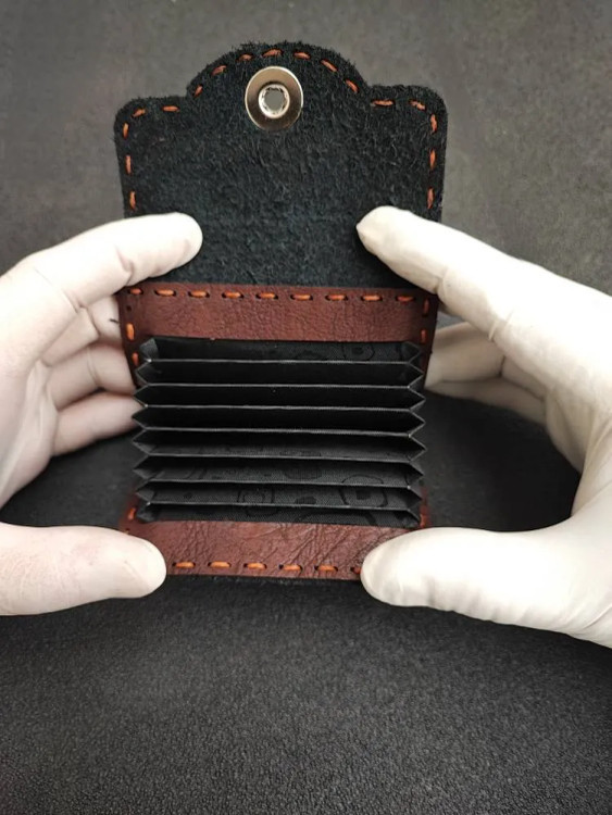 Handmade leather card case with new button closure