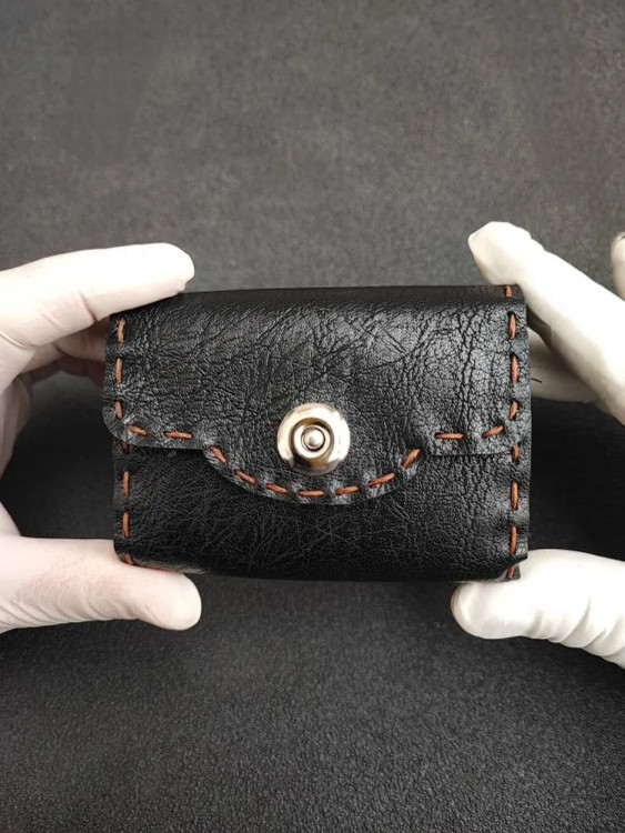 Handmade leather card case with new button closure