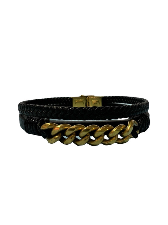 دستبند چرمی مردانه کارتیر(CARTIER) دولاین با پلاک استنلس استیل طرح بافت کارتیر