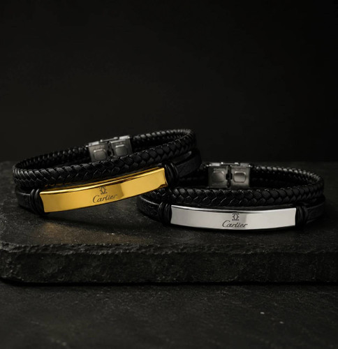دستبند چرمی مردانه کارتیر(CARTIER) دو لاین با پلاک استنلس استیل