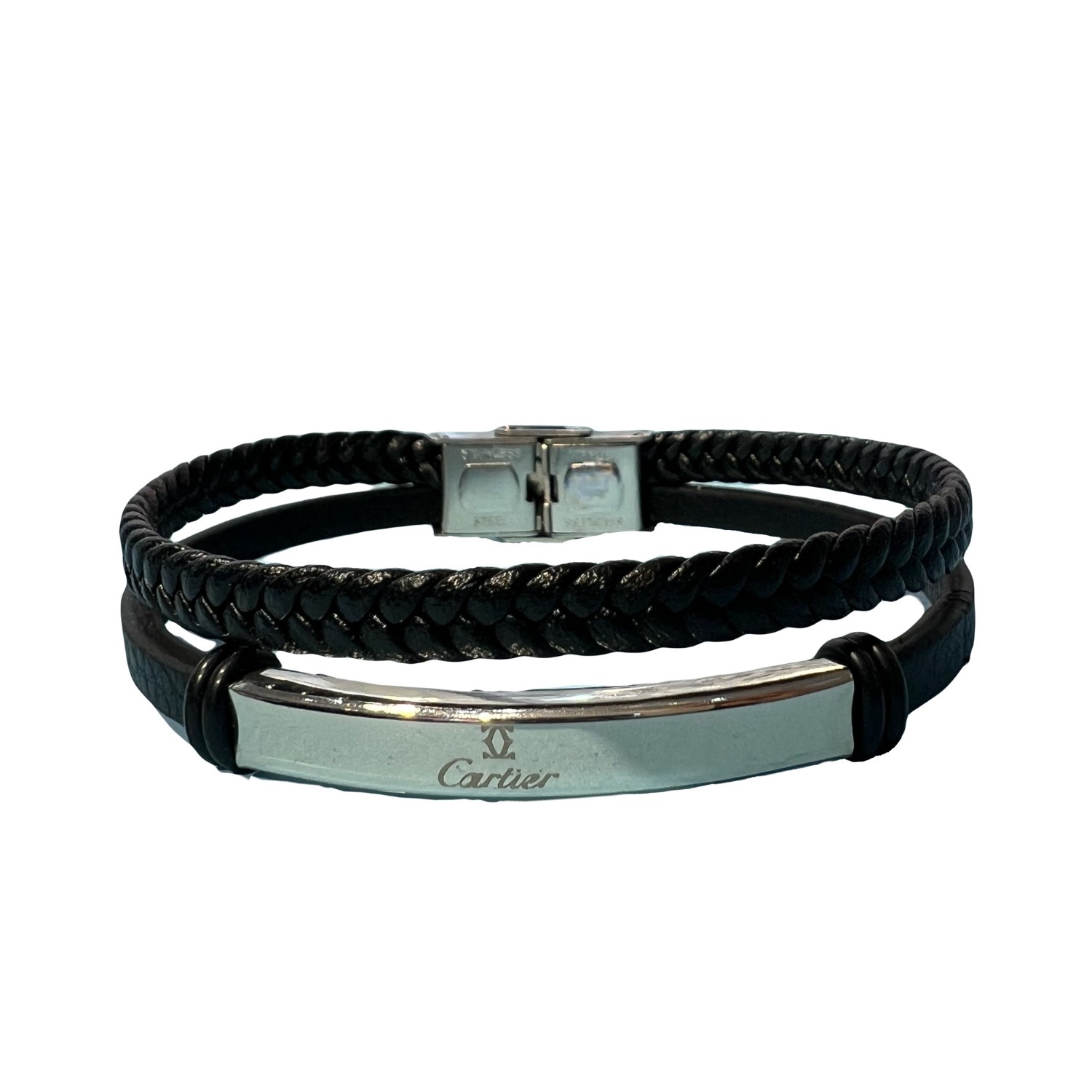 دستبند چرمی مردانه کارتیر(CARTIER) دو لاین با پلاک استنلس استیل