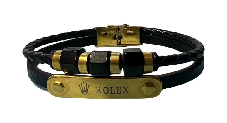 دستبند چرمی مردانه رولکس (ROLEX) دو لاین با پلاک استنلس استیل طرح شش ضلعی