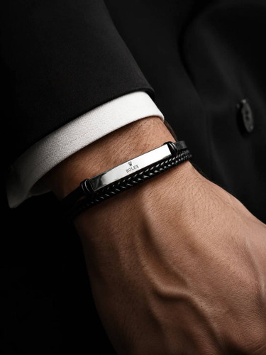 دستبند چرمی مردانه رولکس (ROLEX) دو لاین با پلاک استنلس استیل رنگ نقره ای