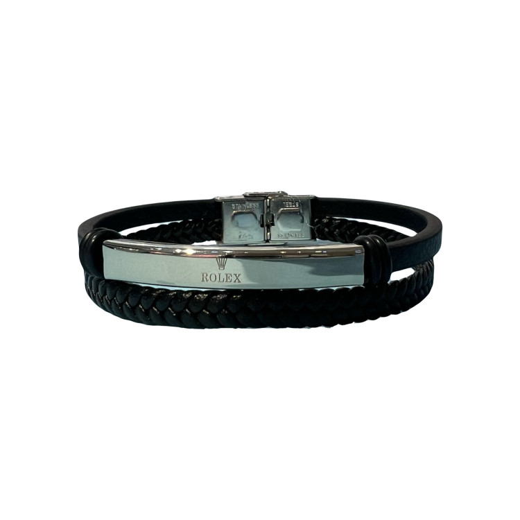 دستبند چرمی مردانه رولکس (ROLEX) دو لاین با پلاک استنلس استیل رنگ نقره ای
