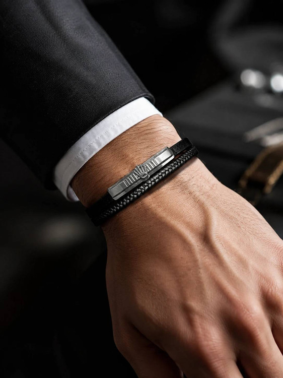 دستبند چرمی مردانه رولکس (ROLEX) دو لاین با پلاک استنلس استیل رنگ نقره ای مات