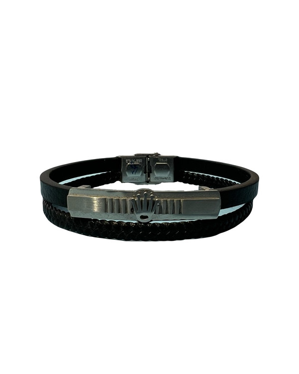 دستبند چرمی مردانه رولکس (ROLEX) دو لاین با پلاک استنلس استیل رنگ نقره ای مات
