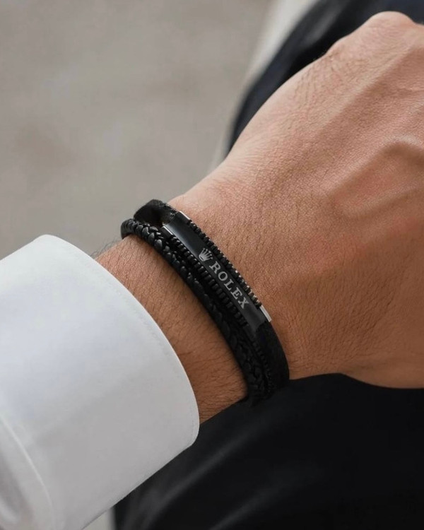 دستبند چرمی مردانه رولکس (ROLEX) دو لاین با پلاک استنلس استیل رنگ مشکی