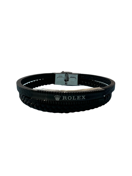 دستبند چرمی مردانه رولکس (ROLEX) دو لاین با پلاک استنلس استیل رنگ مشکی