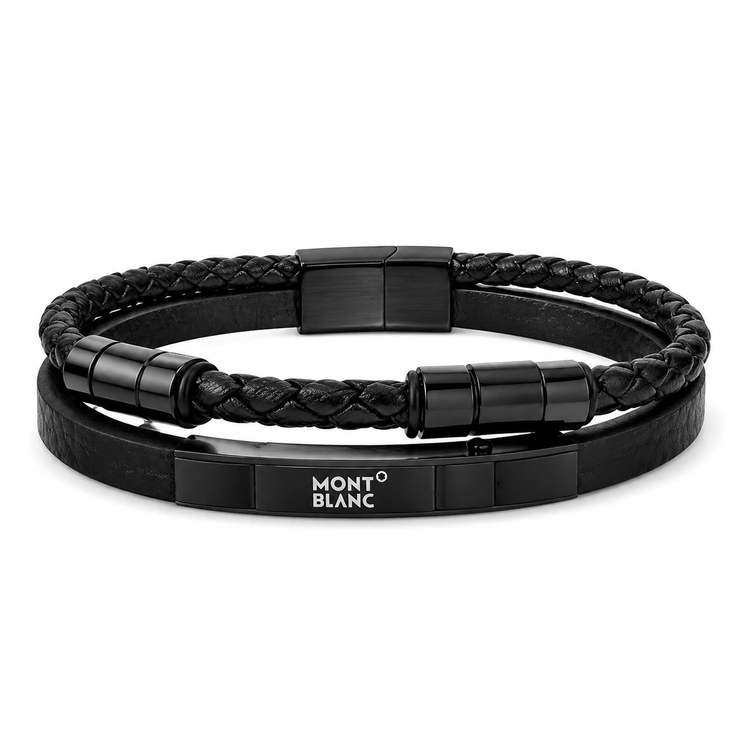 دستبند چرمی مردانه مونت بلنک (MONT BLANC) دو لاین با پلاک استنلس استیل در دو رنگ