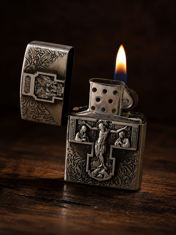 فندک فلزی گازی طرح زیپو برند لایتر(Lighter) طرح صلیب و نقش برجسته کلاسیک