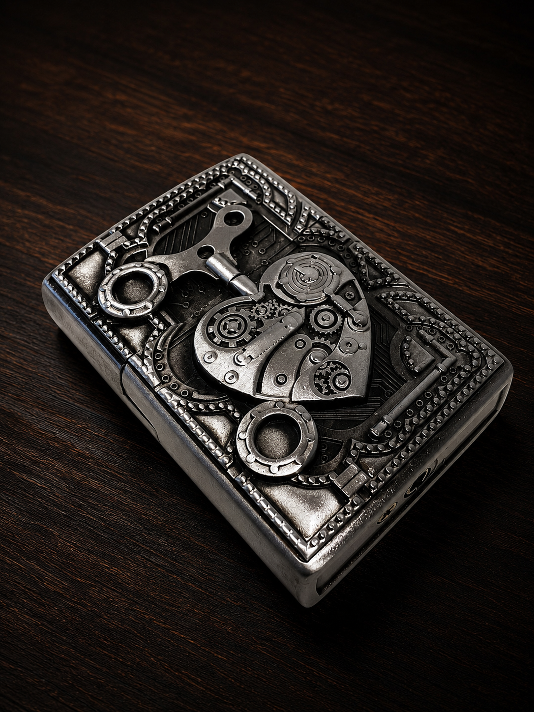 فندک فلزی طرح زیپو برند لایتر(Lighter) طرح قلب استیمپانک (Steampunk)، بدنه برجسته و خاص