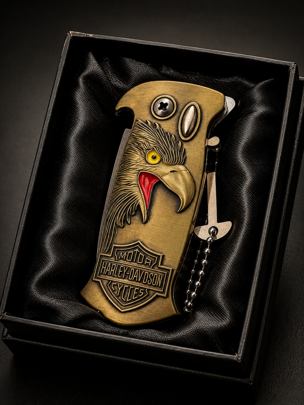 فندک اتمی برند لایتر(Lighter) دوکاره طرح هارلی دیویدسون همراه با چاقوی ضامندار مخفی رنگ طلایی