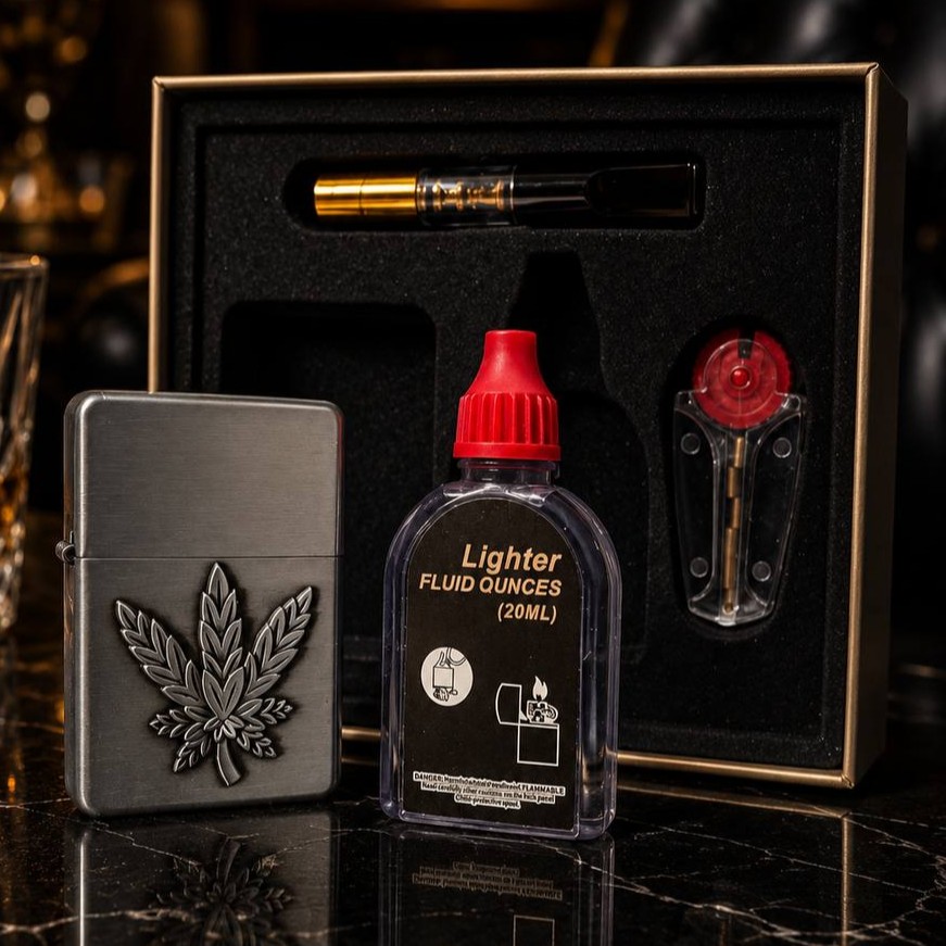 پک هدیه ۴ تکه فندک بنزینی لایتر (LIGHTER) طرح برگ برجسته با چوب سیگار و بنزین | فروشگاه بارزار