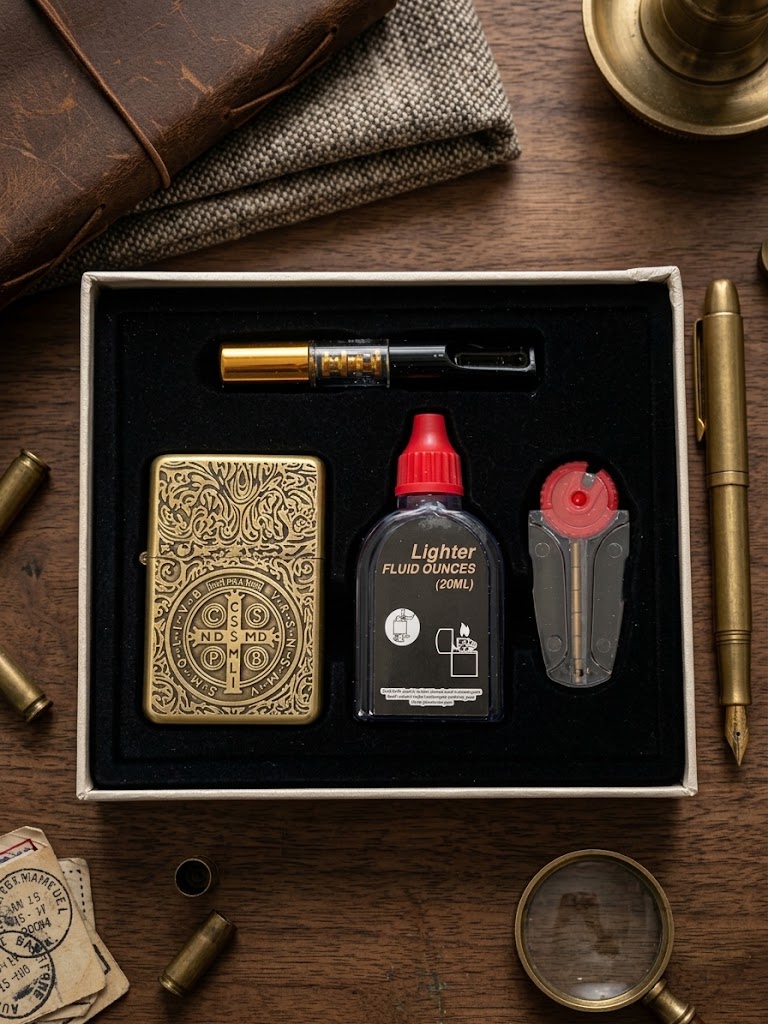 پک هدیه ۴ تکه فندک بنزینی لایتر (LIGHTER) طرح کنستانتین در دو رنگ با چوب سیگار و بنزین | فروشگاه بارزار